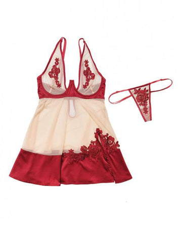 Nylon, Satin Babydoll Underwire Cups & G-String Red Nude Md