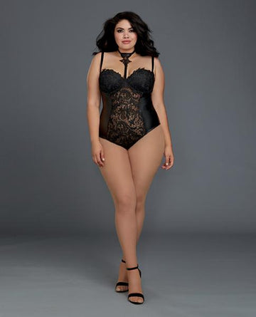 Venice Lace, Faux Leather Teddy Snap Crotch Black 1X