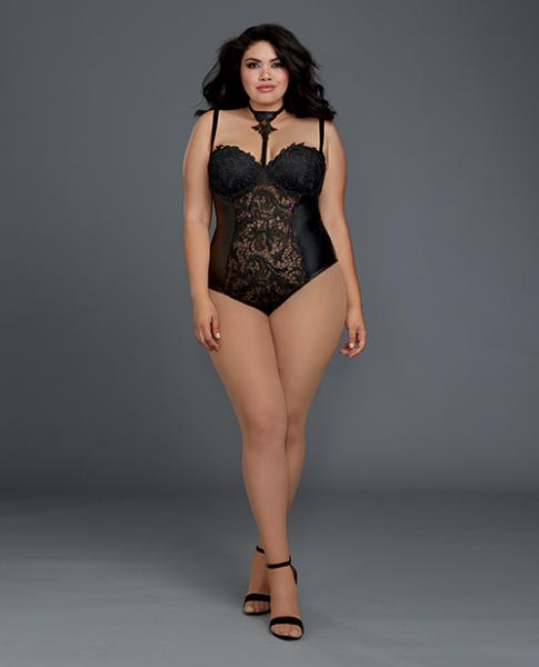 Venice Lace, Faux Leather Teddy Snap Crotch Black 3X