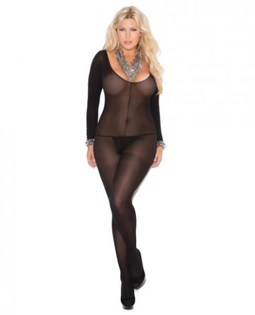 Long Sleeves Bodystocking Open Crotch Black Qn