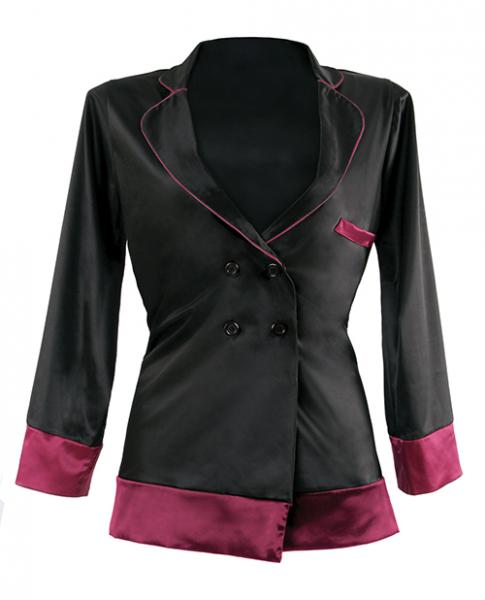 Premiere Marjorie Contrast Cuff Satin Blazer Jacket Black Berry L/XL