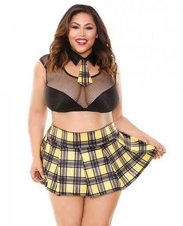 As If School Girl Tie Collar, Crop Top, Skirt & Panty Black Yellow 1X/2X