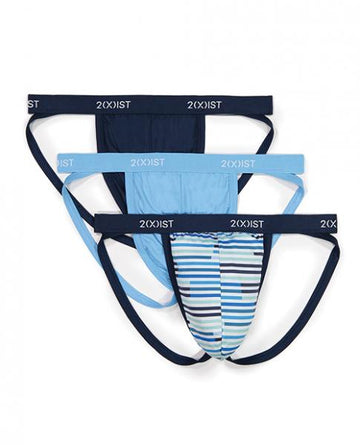 2xist 3 Pack Microfiber Jock Strap Navy, Stripe & Alaskan Blue Lg