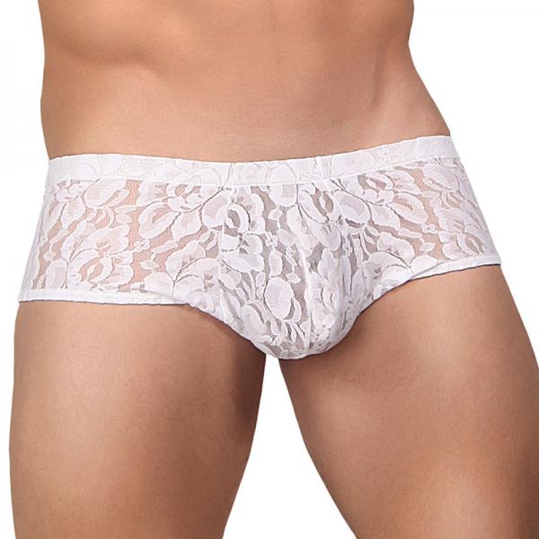 Male Power Stretch Lace Mini Shorts White Medium