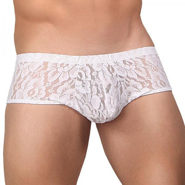 Male Power Stretch Lace Mini Shorts White Medium