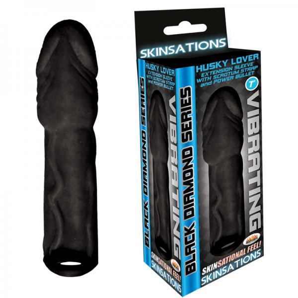 Skinsations Black Diamond Series Husky Lover Extension Sleeve With Power Bullet &amp; Scrotum Strap 7in