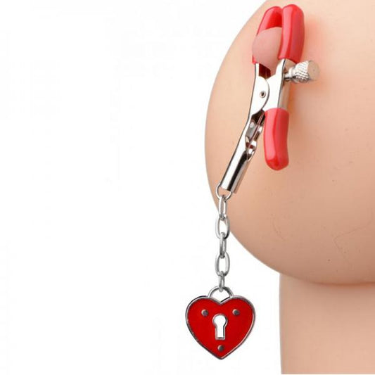 Masters Crimson Tied Charmed Heart Padlock Nipple Clamps