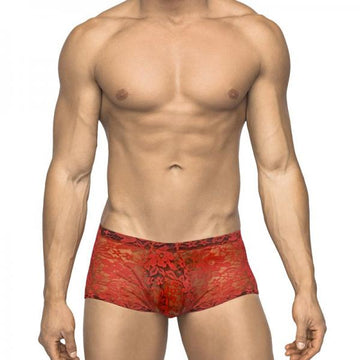 Male Power Stretch Lace Mini Short Red Medium