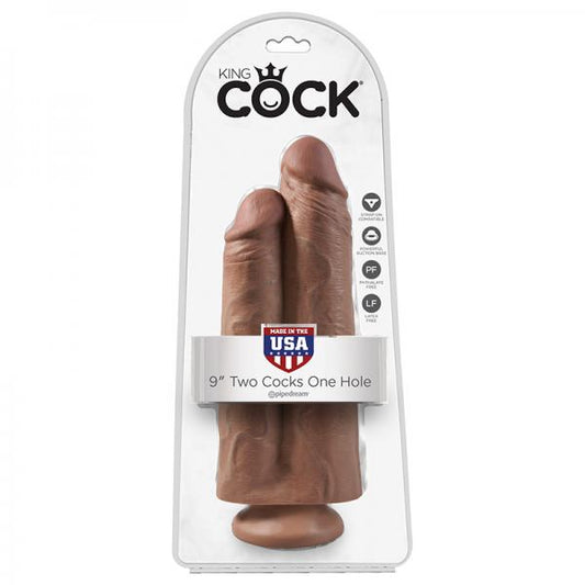 King Cock 9in Two Cocks One Hole Tan