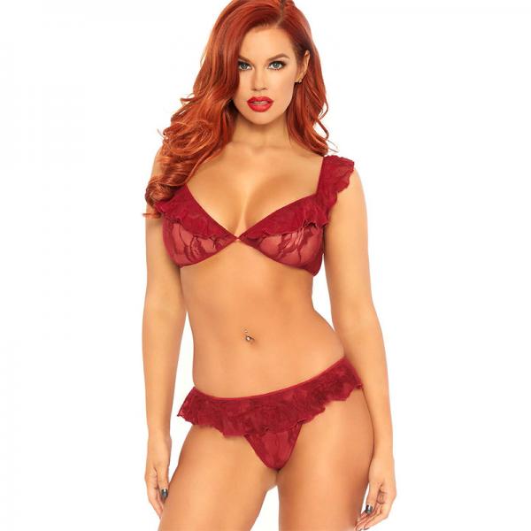 2pc Lace Ruffle Bralette And Matching Ruffle G-string. Burgundy O/s