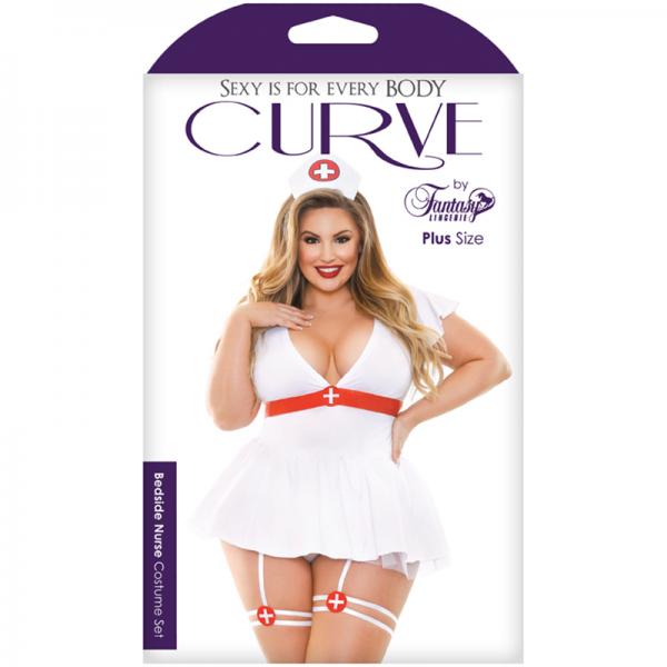 Curve Bedside Nurse Costume Set; Dress With Tie Back, Gartered Panty And Medic Hat White 1x/2x