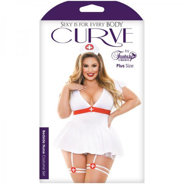 Curve Bedside Nurse Costume Set; Dress With Tie Back, Gartered Panty And Medic Hat White 1x/2x