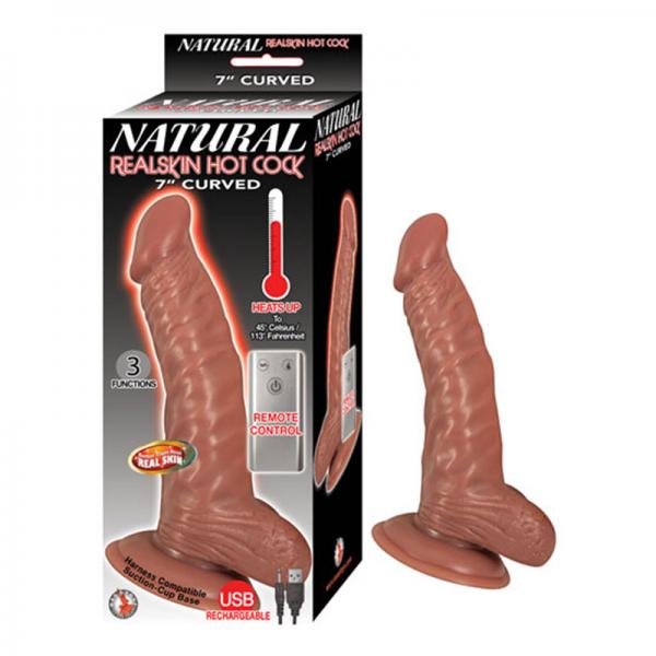 Natural Realskin Hot Cock Curved 7in Heats To 113 Degrees 3 Function Harness Compatible Rechargeable