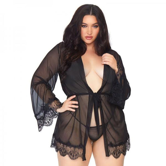 3 Pc Sheer Short Robe With Eyelash Lace Trim And Flared Sleeves, Ribbon Tie, And Matching G-string.