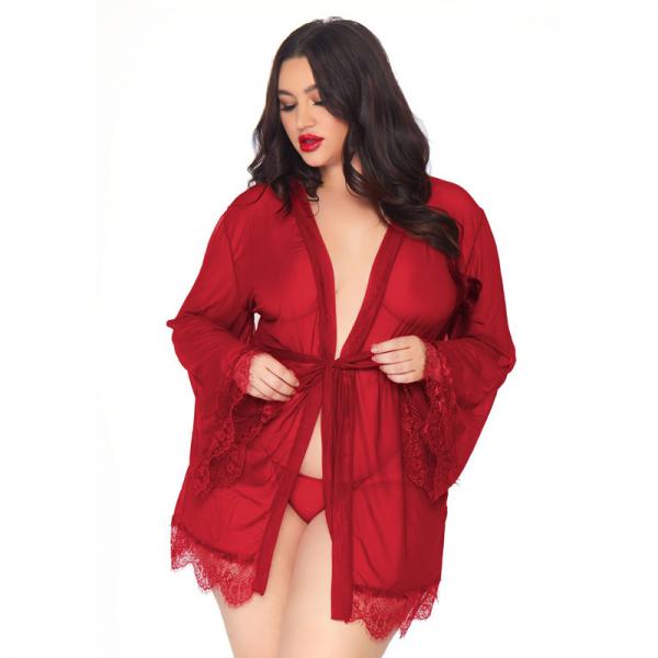 3 Pc Sheer Short Robe With Eyelash Lace Trim And Flared Sleeves, Ribbon Tie, And Matching G-string.