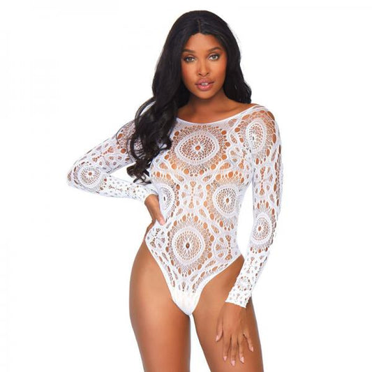 Crochet Lace Long Sleeved Snap Crotch Thong Back Teddy