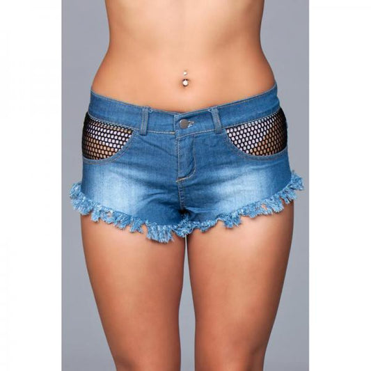 Denim Shorts With Fishnet Top Trimming  Frindge Bottom Black Small