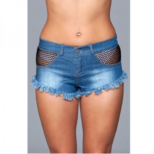 Denim Shorts Fishnet Trim Frindge Bottom Medium