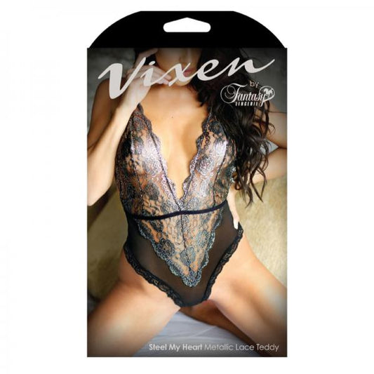 Vixen Steel My Heart Silver Metallic Lace Teddy