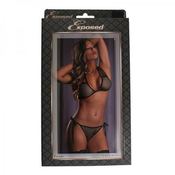 Fishnet Tie Bra &amp; Bikini Set Black Sm