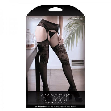 Hands On Me Garter Belt With Attached Galloon Style Stockings One Size