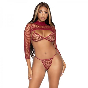 Industrial Net Bikini Top. G-string, Long Sleeve Burgundy Os