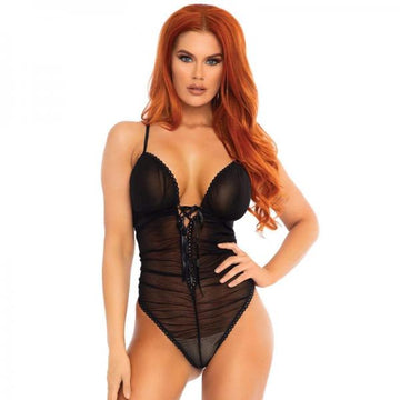 Scalloped Trimmed Sheer Ruched Lace Up Teddy With Cross Over Back Straps M/l Black