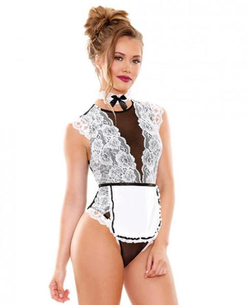 Hot Mess Maid Teddy with Choker White Black L/XL