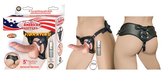 All American Whoppers 5 inches Vibrating Curved Dong, Balls Beige &amp; Universal Harness