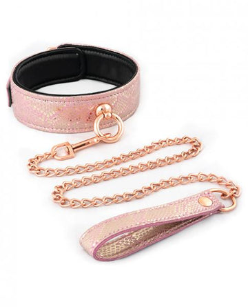 Collar &amp; Leash Microfiber Pink Snake Print Leather Lining